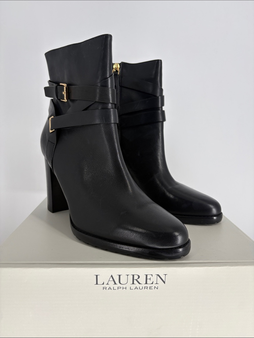 New Lauren Ralph Lauren Black Leather Buckle Ankle Boots size 10